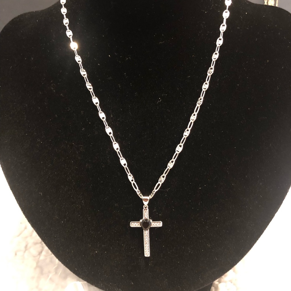 Silver-Tone Cross Necklace with Black Heart CZ Gemstone